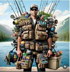 a man standing in front of a lake with lots of fishing gear on his back