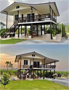 two pictures side by side of a house with stairs and balconies on the second floor