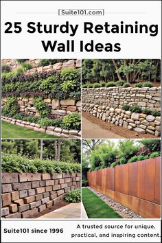 several pictures of retaining wall ideas with text overlaying the image and below it