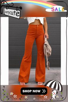 Orange Corduroy Ol High Waist Casual Pants Lady Pants, Flared Pants, Matching Outfits, Flare Pants, High Waisted Pants, Trousers Women, Horn, Casual Pants, Daily Wear