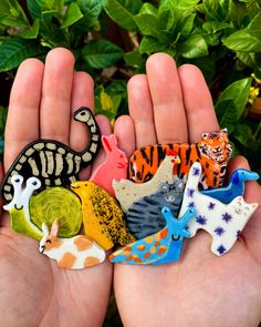 a person holding several different animal magnets in their hands with green plants behind them