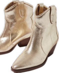 Metallic Pointed Toe Boots For Fall, Fall Metallic Pointed Toe Heeled Boots, Western Style Gold Heeled Boots, Fall Metallic Heeled Boots With Pointed Toe, Western Gold Heeled Boots, Stacked Heel Pointed Toe Boots For Western-themed Events, Chic Gold Snip Toe Boots, Western Gold Boots With Pointed Toe, Metallic Ankle Boots For Fall