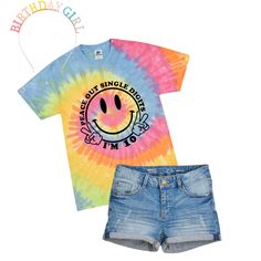 This listing is for a 10th birthday girl in rainbow tie dye with the wording Peace out Single digits I'm 10. This shirt design is super trendy for Preppy Tweens who love the smiley faces. Perfect birthday shirt or birthday gift to pair up with denim or leggings Unisex tie dye shirt runs true to size Follow us on Instagram: Tutuspoiled_boutique Tag us on Instagram: #tutuspoiledboutique Casual Spring T-shirt For Birthday, Multicolor T-shirt For Birthday And End Of School Year, Casual Spring Birthday T-shirt, Casual T-shirt For Birthday In Spring, 10 Year Birthday, Double Digit Birthday, Double Digits Birthday, Peace Out Single Digits, 10th Birthday Girl