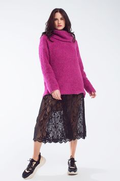 Q2 Wide sweater with bardot neck in magenta Vestidos Color Magenta, Midi Satin Skirt, Fluffy Knit, Turtleneck Style, Bardot Neckline, Color Magenta, Estilo Chic, Cozy Chic, Fuchsia Color