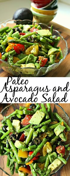 two plates filled with green beans, tomatoes and avocado salad