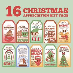 christmas gift tags with the words merry, santa and other holiday items in red on green