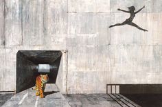 a painting of a person jumping into a tunnel with a tiger in the foreground