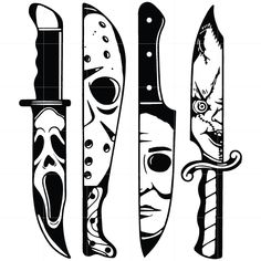 three different types of knives with faces on them