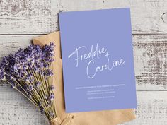 a purple card with some lavender flowers on it