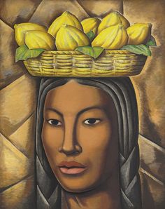 a painting of a woman wearing a basket on her head with lemons in it