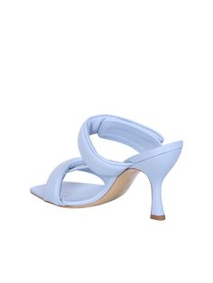 Squared toe. Double strap closure. Padded design. Logo insole. High-heel. Colour: Light blue Heel: 8 cm Material: 100% Lamb, 100% Kid, 100% Cow Made in ItalyComposition: 100% Lamb, 100% Kid, 100% Cow Blue Kitten Heels For Summer Evenings, Blue Pointed Toe Kitten Heels For Summer, Summer Blue Pointed Toe Kitten Heels, Synthetic Open Toe Kitten Heels With Heel Strap, Chic Light Blue High Heel Sandals, Evening Blue Mules With Padded Heel, Blue Evening Mules With Padded Heel, Light Blue Sandals With Padded Heel For Evening, Blue High Heel Synthetic Mules