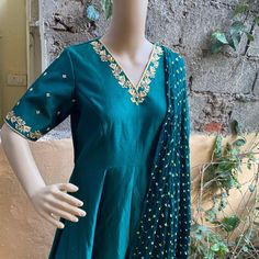 Hand embroidered Anarkali with bandhani dupatta / anarkali suit set / anarkali dupatta USA / gaji silk  dupatta / Indian dresses/ voggish / collar dress         Looking for a perfect indian dress/anarkali/suit sets that are trendy, unique and easy to carry !! yess, You are at the right place. we carry such versatile pieces of anarkalis and suit sets that really let you stand out in any occassion !!      featuring this beautiful chanderi dress in forest green color with hand embroidered V neck an Transitional Season Fitted Mulmul Anarkali Set, Fitted Mulmul Anarkali Set For Navratri, Floor-length Cotton Traditional Wear With Dupatta, Mulmul Anarkali Set For Festivals, Festive Floor-length Cotton Dupatta, Festive Bandhani Print Straight Kurta Anarkali Set, Floor-length Bandhani Print Kurta For Festive Occasions, Designer Wear Floor-length Cotton Dupatta, Mulmul Anarkali Set With Gota Work For Festivals