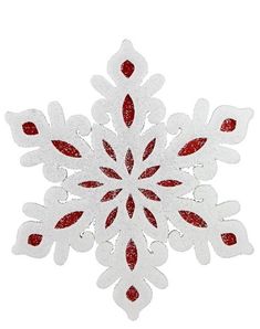 a red and white snowflake is shown against a white background with glitters