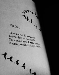 an open book with birds flying in the air and writing that reads perfect i love you just the way you are but you don't see you like it