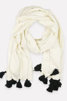 Minimalist, hand-stitched scarf complete with line stripped stitch pattern and tassels Colorblock Scarf, Cocoon Jackets, Black And White Scarf, Color Block Scarf, Tassel Scarf, Oversized Scarf, Cotton Scarf, Organic Cotton Fabric, Women Artisans