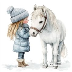 Girl And Horse, Horse Watercolor, Winter Horse, Watercolor Girl, Pony Rides, Watercolor Horse, Winter Girl, Watercolor Clip Art, Winter Girls