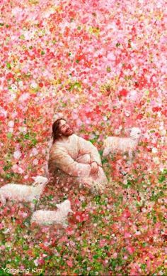 a painting of a man sitting in a field of flowers