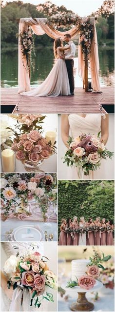 a collage of photos with flowers and greenery on the top, in different colors