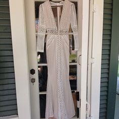 Crochet Gown With Mesh Backing And Mermaid Bottom. Size Small White Long Maxi Dress For Evening, White Long Sleeve Maxi Dress For Prom, White Spring Formal Gown, Chic Fitted White Gown, Chic White Long Sleeve Gown, Long Evening Gown For Spring, Chic White Gown For Wedding Guest, White Spring Party Gown, White Long Gown For Spring