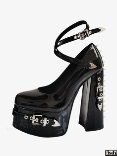 Fisdy - Exquisite Womens Black High Heels with Striking Metal Detailing - LPunk Pumps Star Heels, Womens High Heels Stilettos, Gothic Party, Metal Embellishments, Gothic Shoes, Black Punks, Leather Rivets, Elegant High Heels, Patent Shoes