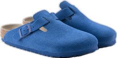 Blue Suede Slip-on Clogs, Blue Suede Clogs With Round Toe, Casual Blue Leather Clogs, Blue Leather Casual Clogs, Comfortable Blue Leather Clogs, Casual Suede Slippers With Cushioned Footbed, Blue Leather Clogs With Leather Footbed, Modern Clogs With Textured Footbed And Round Toe, Birkenstock Boston Suede