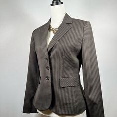 Seasonless Classic Style Lighter Brown Button Up Front Excellent Condition New With Tag Removed Worn Business To Casual Very Comfortable To Wear 55% Acetate 45% Rayon Lining 96% Virgin Wool 2% Spandex 2% Other Shell Work To Weekend Looks That Are Timeless Tailor Made The Perfect Blazer Polished Professional Everday Refined Classic Chic Trendy Style All Blazers Are From My Personal Wardrobe. Most Are Brand New With/Without Tags Or In Excellent Condition. I Take Pride In The Care Of My Wardrobe, A Fitted Striped Blazer With Double Button Closure, Striped Long Sleeve Blazer With Button Closure, Pinstripe Fitted Blazer With Button Closure, Fitted Pinstripe Blazer With Button Closure, Elegant Striped Outerwear For Business Casual, Elegant Striped Pattern Outerwear For Business Casual, Striped Business Casual Blazer With Button Closure, Striped Blazer With Button Closure For Business Casual, Classic Striped Button-up Outerwear