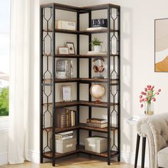 a corner bookcase with many books on it in a living room next to a window