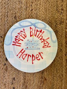 a birthday plate with the words happy birthday harper on it