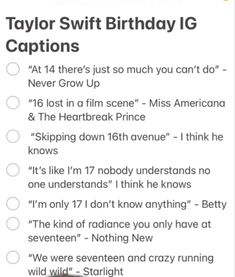 a birthday card with the words taylor swift birthday ig captions in black and white