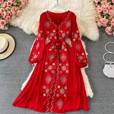 Size Length:112cm    Bust:114cm    Waist:104cm Summer Dress Midi, Boho Summer Dress, Bohemian Midi Dress, Summer Dress For Women, Boho Print Dress, Bohemian Summer Dresses, Red Summer Dresses, Hippie Dress, Boho Midi Dress