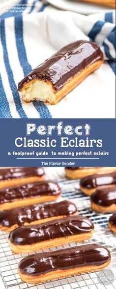 the cover of perfect classic eclairs with chocolate icing