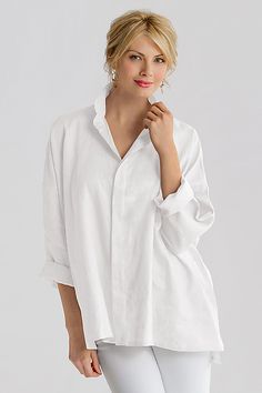 Linen Signature Shirt: Planet: Linen Shirt | Artful Home Classic Shirt With Relaxed Fit And Stand Collar, Classic Shirt For Layering With Shirttail Hem, Elegant Tops With Fold Down Collar For Everyday, Classic Shirt With Stand Collar For Spring, Ladies Shirts, Artful Home, White Shirts, White Linen, Linen Shirt