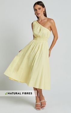 Yulia Midi Dress - One Shoulder Shirred Waist Dress in Lemon | Showpo USA Shirred Waist Dress, Winter Event, Elegant Heels, Guest Attire, Rehearsal Dress, Shoulder Design, The Dance, Waist Dress, Dance Floor