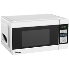 a white microwave oven sitting on top of a counter