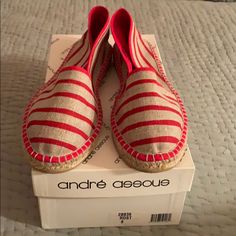 Andre Assous’ Canvas Terri Espadrilles In A Bright Cherry Red And Tan Striped Canvas. Handmade In Spain, Andre Assous Espadrilles Are Known To Be Comfy And Worth Their Weight In Jute! Casual Red Flat Espadrilles, Casual Red Flat Heel Espadrilles, Red Casual Espadrilles With Flat Heel, Casual Red Espadrilles With Flat Heel, Red Espadrilles With Rubber Sole For Spring, Closed Toe Espadrilles With Red Sole, Red Closed Toe Espadrilles For Spring, Casual Red Closed Toe Espadrilles, Red Flat Espadrilles For Beach