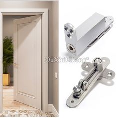 an open door with two metal latches on it and the bottom one is closed