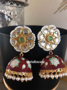 Kundan, Meenakari and Pearls Jhumka/ Indian Earrings / Free Shipping in US Festive Kundan Jhumkas With Motifs, Ceremonial Red Meenakari Jhumkas, Meenakari Danglers For Ceremonial Diwali, Ceremonial Meenakari Danglers For Diwali, Kundan Jhumkas With Motifs For Gifts, Kundan Jhumkas With Motifs As A Gift, Festive Meenakari Danglers For Ceremonial Occasion, Ceremonial Meenakari Danglers For Festive Season, Ceremonial Festive Meenakari Danglers