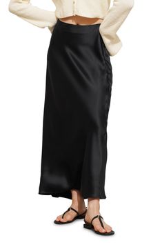 Elevate your ensemble in this high-waisted skirt crafted from a silky satin in a drapey maxi silhouette. 36" length (size 4US) Hidden side-zip closure 68% acetate, 32% viscose Dry clean or machine wash, dry flat Imported Chic Full-length Silk Maxi Skirt, Chic Full Length Silk Maxi Skirt, Sleek Black Silk Maxi Skirt, Black Sleek Satin Maxi Skirt, Sleek Black Satin Maxi Skirt, Flowy Silk Maxi Skirt With Satin Finish, Silk Maxi Skirt With Satin Finish, Relaxed Fit Satin Maxi Skirt With Bias Cut, Black Satin Maxi Skirt For Formal Occasions