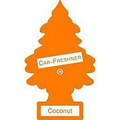 an orange car - freshener sign with the words coconut on it and a tree