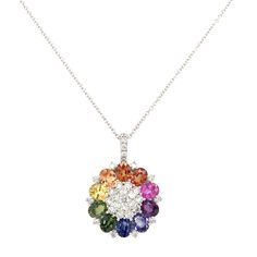 18k White Gold Gemstones: Oval Multi-Color Sapphires, 3.79tcw Diamonds: Round Brilliant, 1.07tcw Luxury Multicolor Oval Gemstones, Elegant Multicolor Brilliant Cut Gemstones, Oval Multicolor Diamond Gemstones, Painted Saree, Hand Painted Sarees, Round Sapphire, Gold Pendant Jewelry, Multi Sapphire, Rainbow Jewelry