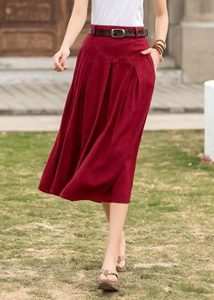 "DETAIL * 50% linen, 50% cotton * Two side pockets * Back Elastic waist * Below knee length * A linen skirt * Plus size skirt * Perfect for summer, spring * Wash by hand or machine with cold water * The model is 170cm (5′ 7″) tall with a 80cm (31.5\") bust, 66cm (26\") waist. She is wearing a XS in red. * Choose CUSTOM Order if you Can't find your size in our size Chart Chang the Length Your Height is not Between 5'1\" - 5\"9\" Your weight is not Between 47 kg - 75 kg SIZE GUIDE Size vary betwee Cotton Midi Skirt With Pockets, Red Midi Skirt With Pockets, Cotton Wide Leg Skirt With Side Pockets, Cotton Pleated Skirt With Pockets And Relaxed Fit, Cotton Pleated Skirt With Pockets, Solid Color Midi Skirt With Pockets, Cotton Skirted Bottoms With Pockets, Red Full Skirt Bottoms With Pockets, Cotton Flared Skirt With Side Pockets