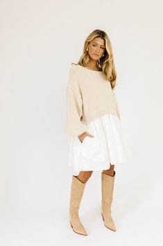 wells sweater dress *zoco exclusive* – shop zoco Chic Knit Cropped Sweater For Day Out, Chic Cream Long Sleeve Sweater Dress, Chic Winter White Sweater Dress, Chic Soft Knit Sweater Dress For Spring, Chic Chunky Knit Cropped Sweater For Layering, Chic Beige Soft Knit Cropped Sweater, Chic Beige Sweater Dress For Fall, Oversized White Cropped Sweater For Layering, Chic Long Sleeve Neutral Sweater Dress