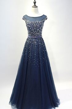 Dresses Winter, Tulle Party Dress, A Line Evening Dress, Tulle Evening Dress, Beaded Tulle, Blue Evening Dresses, Beaded Prom Dress, A Line Prom Dresses, فستان سهرة