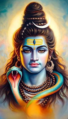 the avatar of lord rama with snake on his shoulder and head, painted in blue