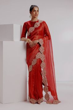 Red organza embroidered tissue saree for women Batik Clothing, Embroidered Dragon, Tissue Saree, Embroidered Border, Red Saree, Organza Saree, Indian Fashion Dresses, Beautiful Saree, Raw Silk