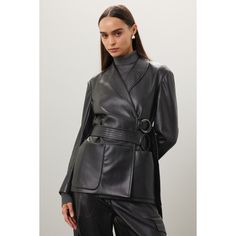 Black faux leather (95% Polyester, 5% Spandex). Jacket. Long sleeves. Collar. Tie closure. 29" from shoulder to hemline. Imported. Eudon Choi, Classic Blazer, Rent The Runway, Jacket Long, Closet Designs, Faux Leather Jackets, Off Duty, Black Faux Leather, Faux Leather