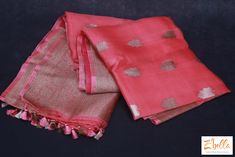 Pure Kora Banarsi saree with stitched blouse Elegant Pink Handloom Pre-draped Saree, Traditional Peach Pre-draped Saree With Zari Work, Traditional Peach Pre-draped Saree For Festive Occasions, Peach Semi-stitched Saree For Navratri, Traditional Peach Pre-draped Saree With Dupatta, Navratri Peach Blouse Piece With Pallu, Peach Blouse Piece With Pallu For Navratri, Traditional Banarasi Silk Wear In Peach, Traditional Peach Banarasi Silk Wear