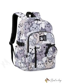 BirdinBag - Classic Adjustable Backpack with Cartoon Cat Pattern - Ideal for Preppy Style Casual Backpack With Cat Design For Students, Casual Cat Design Backpack For Daily Use, Casual School Backpack With Cat Design, Rectangular Backpack With Cat Design For Back To School, Student Backpack With Cat Design, Rectangular Cat Design Backpack For Back To School, Casual Backpack With Cat Design, Back To School Backpack With Cat Design, Back To School Rectangular Backpack With Cat Design