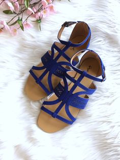 The perfect summer sandal! it has a an adjustable ankle strap and fun details.This sandal has a snug fit, if you like a more comfortable fit, we recommend going 1/2 size up. Blue Sandals, Blue Colour, Blue Ribbon, Sandals Summer, Perfect Summer, Summer Shoes, Cobalt Blue, Snug Fit, Cobalt