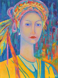 a painting of a woman with long hair wearing a yellow dress and colorful headdress